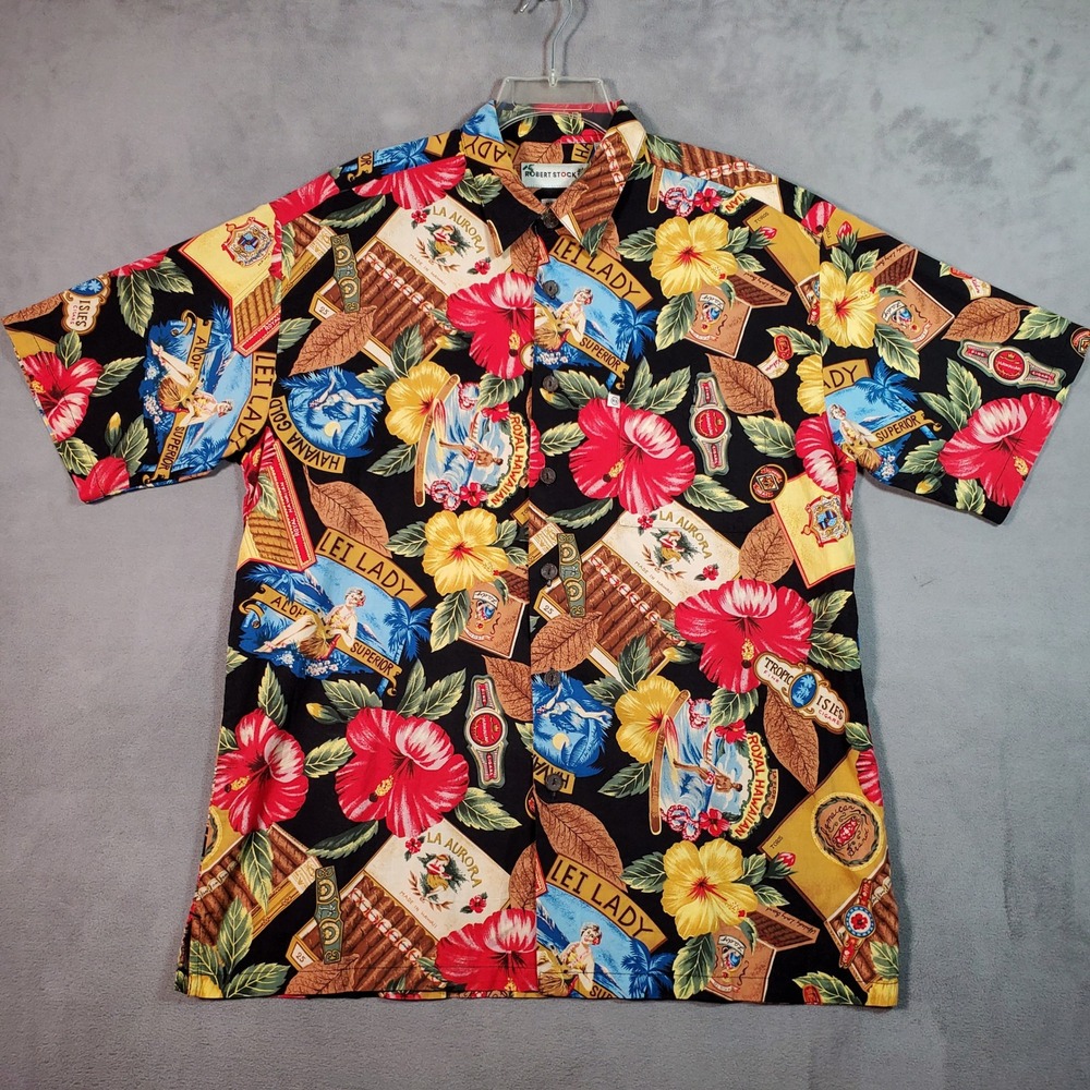 Robert Stock Camp Shirt Mens M Black Cigar Floral Tropical Hawaiian Aloha Retro